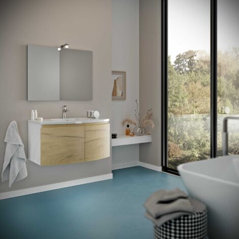 Kiamami Valentina – Meuble lave-mains arrondi 80 cm – Structure blanche brillante – Portes en MDF chêne miel – Lavabo céramique avec trop-plein