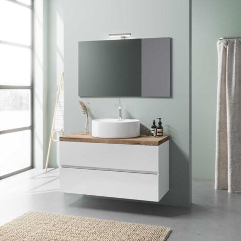 Kiamami Valentina – Meuble salle de bains suspendu 100 cm – Chêne blanc brillant – Vasque à poser Elba – 2 tiroirs – Lavabo en céramique haute qualité