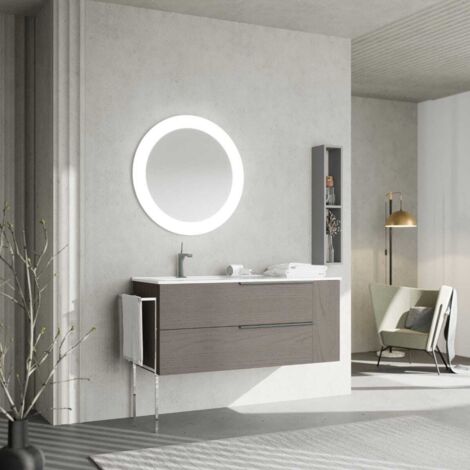 Kiamami Valentina – Meuble sous vasque mural en frêne gris 120 cm – 2 tiroirs à extension totale – Compartiment ouvert – Vasque céramique 120 cm – Miroir rond LED 75 cm