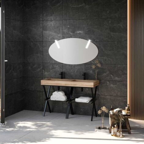 Kiamami Valentina – Meuble sous vasque simple 120 cm – Double vasque en HPL effet bois chêne miel – Structure métallique robuste – Étagère en verre intégrée