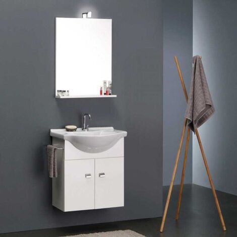 Kiamami Valentina – Meuble sous vasque simple blanc 56,5 cm – Lavabo céramique 56,5 cm – Miroir avec éclairage LED – Panneau bois laminé brillant