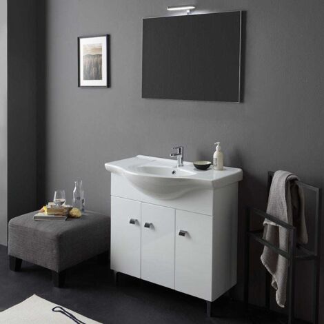 Kiamami Valentina – Meuble sous vasque simple blanc brillant 85 cm – 3 portes – Vasque céramique avec trou robinet – Éclairage LED chromé