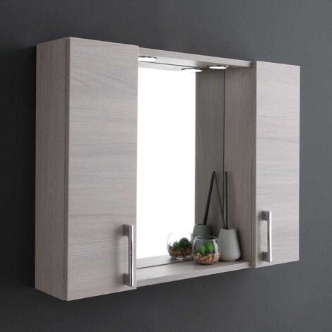 Kiamami Valentina – Miroir lumineux de salle de bain 76.9 cm – 2 meubles hauts en bois mélaminé chêne gris – Spots LED intégrés – Étagère pour rangement
