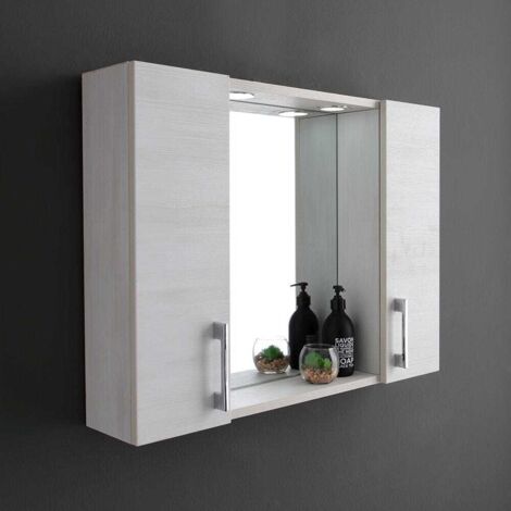Kiamami Valentina – Miroir simple de salle de bain 76.9 cm – Chêne blanc – 2 éléments muraux – Spots LED intégrés – Éclairage optimal pour rasage et maquillage