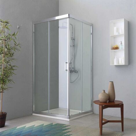 Kiamami Valentina – Paroi de douche angulaire 70x90 cm – Verre trempé 6 mm – Ouverture coulissante – Profilés aluminium chromé – Installation réversible