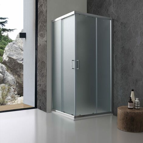 Kiamami Valentina – Paroi de douche carrée d'angle 90x90 cm – Verre trempé opaque 6 mm – Ouverture coulissante sur coussinets – Profilés en aluminium chromé