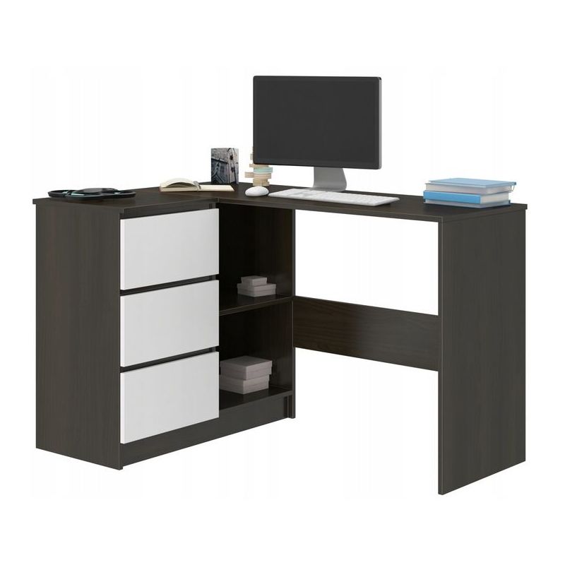 KIAN W - Bureau d'angle avec rangements + 3 tiroirs - 112x87x76 cm - Table d'ordinateur forme de L - Table de travail - Wenge/Blanc