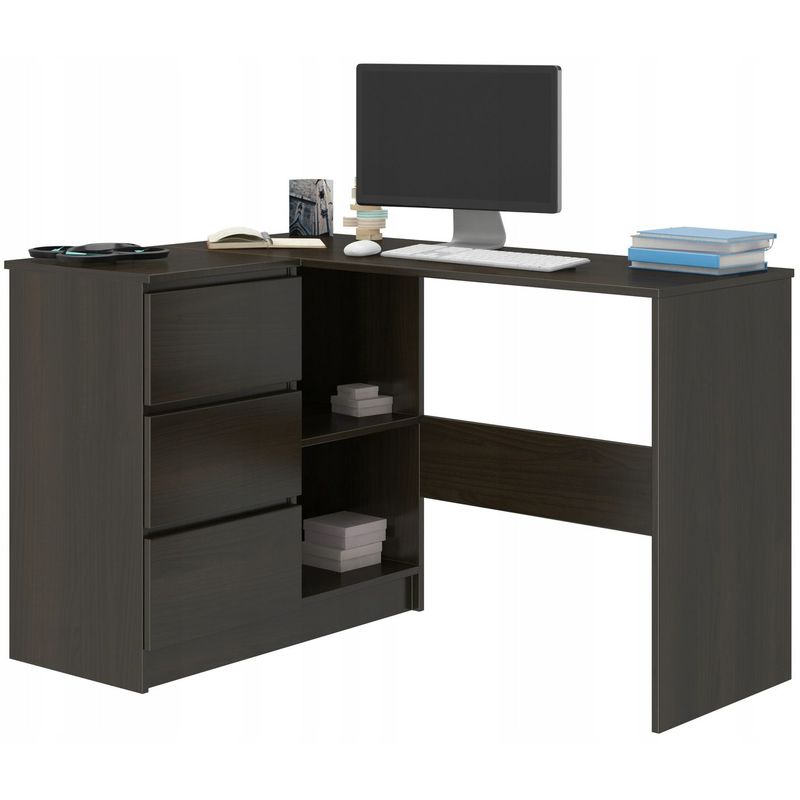 KIAN W - Bureau d'angle + rangements + 3 tiroirs - 112x87x76cm - Table d'ordinateur forme de L - Table de travail - Wenge
