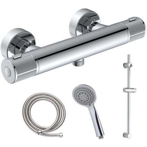 Kibath Grifo Columna Ducha con manetas grafiladas termostático ALON acabado CROMO brillo fabricado en latón