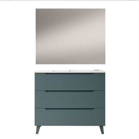Kibath Mueble de baño con Lavabo, Espejo y Aplique LED BOREAL 100x45 cm acabado AZUL OCEANO mate 3 cajones con patas