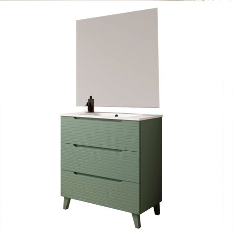 Kibath Mueble de baño con Lavabo, Espejo y Aplique LED BOREAL 100x45 cm acabado VERDE LAGO mate 3 cajones con patas