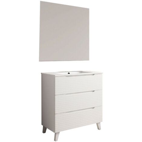 Kibath Mueble de baño con Lavabo, Espejo y Aplique LED BOREAL 80x45 cm acabado BLANCO mate 3 cajones con patas