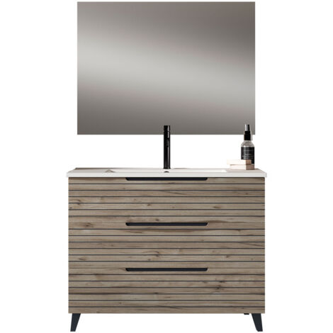 Kibath Mueble de baño con Lavabo, Espejo y Aplique LED KEN 100x45 cm acabado DESIERTO mate 3 cajones con patas
