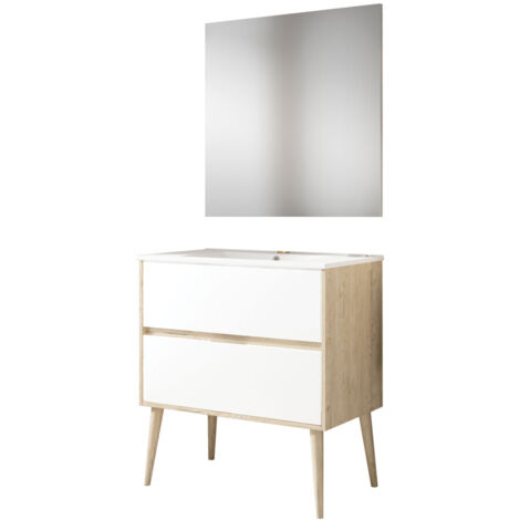 Kibath Mueble de baño con Lavabo, Espejo y Aplique LED NORUEGA 80x45 cm acabado ROBLE y BLANCO mate 2 cajones suspendido