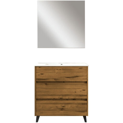 Kibath Mueble de baño con Lavabo, Espejo y Aplique LED SIREX 100x45 cm acabado TECA Claro mate 3 cajones con patas