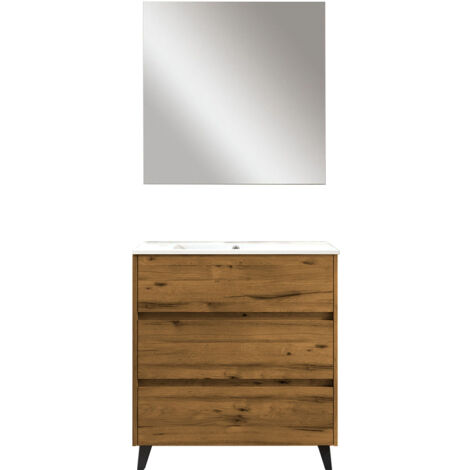 Kibath Mueble de baño con Lavabo, Espejo y Aplique LED SIREX 80x45 cm acabado TECA Claro mate 3 cajones con patas