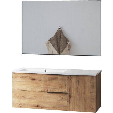 Kibath Mueble de baño con Lavabo, Espejo y Aplique LED TRIBU 100x45 cm acabado ROBLE OSTIPPO mate 2 cajones suspendido