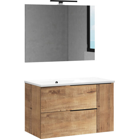 Kibath Mueble de baño con Lavabo, Espejo y Aplique LED TRIBU 80x45 cm acabado ROBLE OSTIPPO mate 2 cajones suspendido