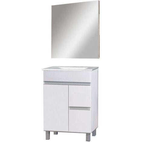 Kibath Mueble de baño con Lavabo, Espejo y Aplique LED URBAN 60x45 cm acabado BLANCO brillo 2 cajones y puerta