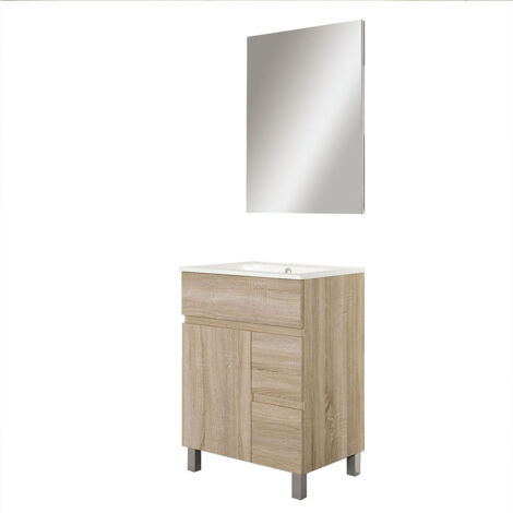 Kibath Mueble de baño con Lavabo, Espejo y Aplique LED URBAN 60x45 cm acabado ROBLE NATURAL mate 2 cajones y puerta