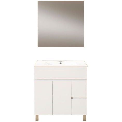 Kibath Mueble de baño con Lavabo, Espejo y Aplique LED URBAN 80x45 cm acabado BLANCO brillo 2 cajones y 2 puertas