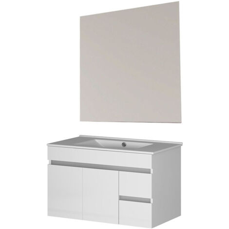 Kibath Mueble de baño con Lavabo, Espejo y Aplique LED URBAN 80x45 cm acabado BLANCO brillo 2 cajones y 2 puertas