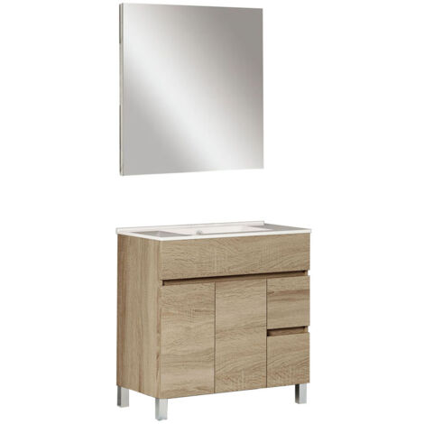 Kibath Mueble de baño con Lavabo, Espejo y Aplique LED URBAN 80x45 cm acabado ROBLE NATURAL mate 2 cajones y 2 puertas