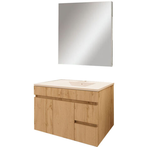 Kibath Mueble de baño con Lavabo, Espejo y Aplique LED URBAN 80x45 cm acabado ROBLE NATURAL mate 2 cajones y puertas suspendido