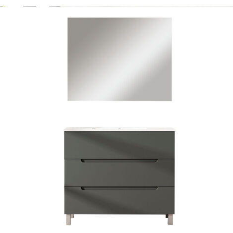 Kibath Mueble de baño con Lavabo, Espejo y Aplique LED VICTORIA 100x45 cm acabado GRAFITO mate 3 cajones con patas