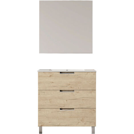 Kibath Mueble de baño con Lavabo, Espejo y Aplique LED VOLARE 80x45 cm acabado ROBLE mate 3 cajones con patas