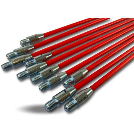 Kibros – Lot de 10 cannes de ramonage en fibre de verre 1,5 m – Embouts en acier fileté M12 – Flexibilité haute pour conduits courbés