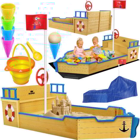 KIDIZ® bac à sable Ahoi bateau bateau pirate Voilier en bois Housse tapis de sol banc mât inclus