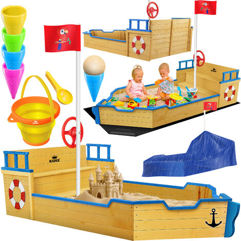KIDIZ® Bac à sable Ahoi Bateau pirate Bateau Voilier en bois avec couvercle, bâche de sol, banc, mât de drapeau Grand bac à sable pour enfants pour le jardin Bac à sable d'extérieur, bleu
