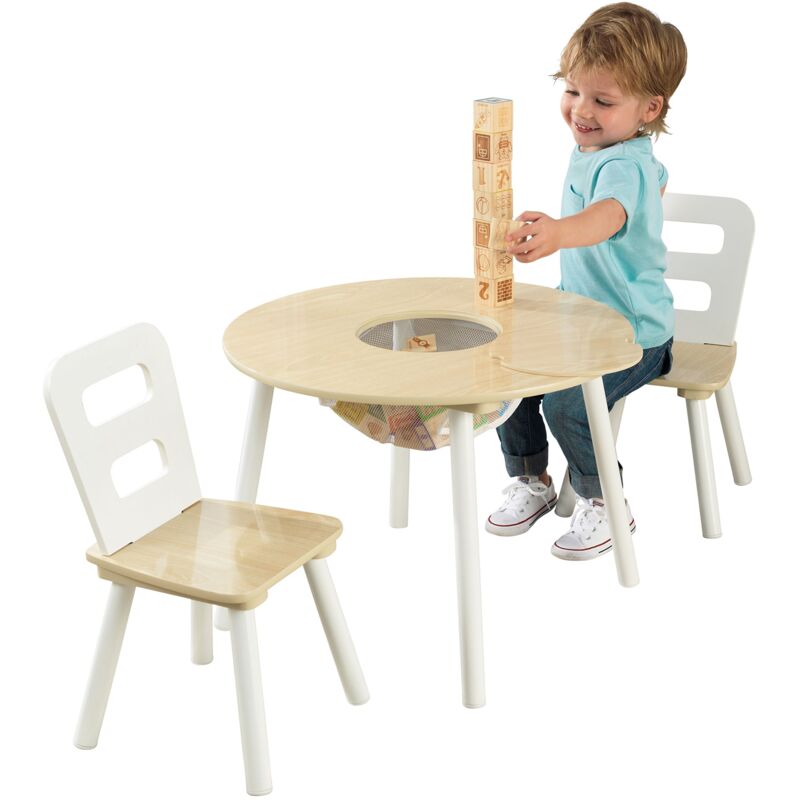 Kidkraft - Set Tavolo Rotondo Bianco con 2 Sedie in Legno per Bambini, Tavolino con Tascha Portaoggetti, Mobili per Cameretta e Sala Giochi per