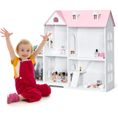 Kids 2-Tier Dollhouse Bookcase 2-in-1 Multi-Purpose Wooden Bookshelf-Pink