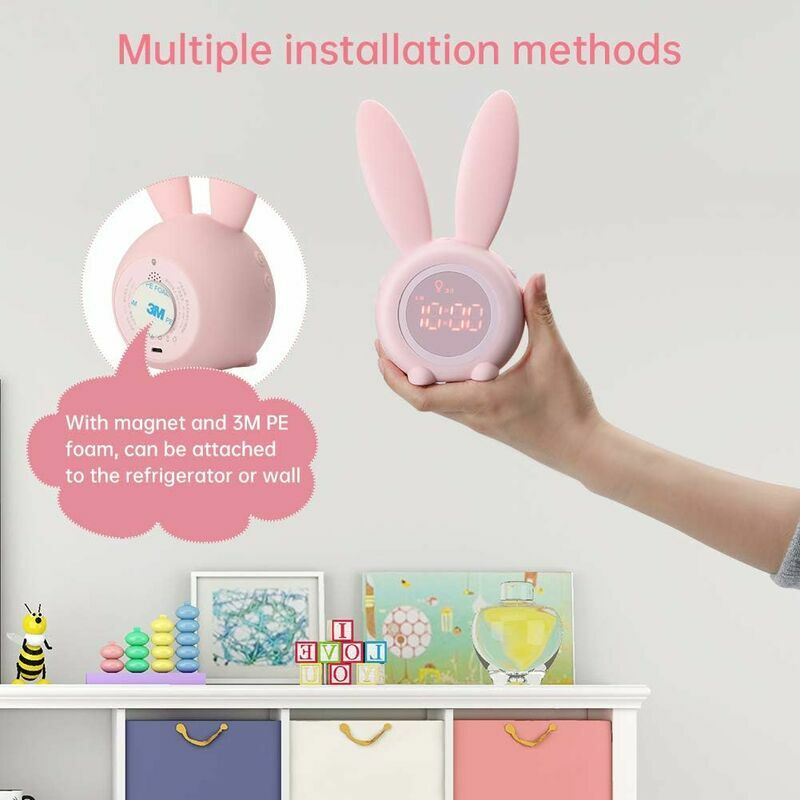 Kids Alarm Clock Cute Rabbit Night Light for Girls Wake Up Light Alarm Clock Snooze Function Magnet Installation Timed Pink Bunny Clock (Pink)