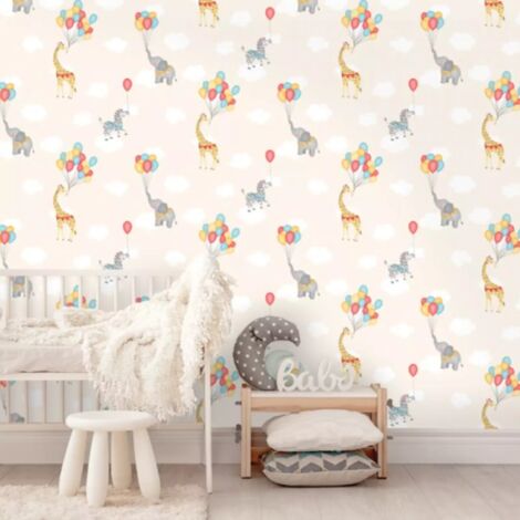 Kids Animal Balloons Wallpaper Zebras Elephants Giraffe Clouds Red Blue Cream