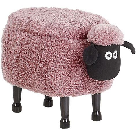 Kids Animal Stool Faux Fur Pouffe with Storage Black Legs Playroom Pink Sheep