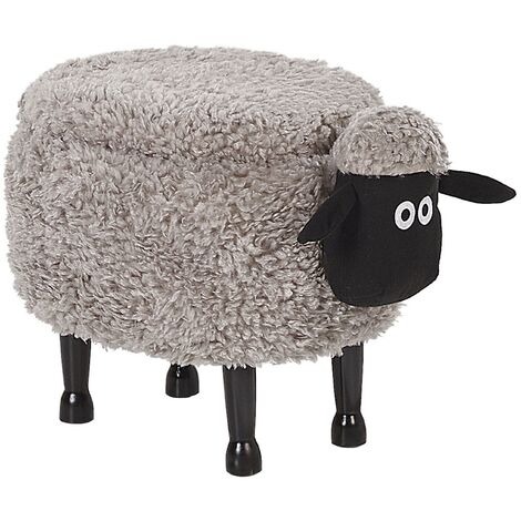 Kids Animal Stool Faux Fur Pouffe with Storage Wooden Legs Playroom Grey Sheep