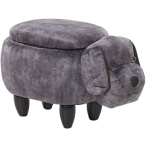 Kids Animal Stool Velvet Pouffe with Storage Wooden Legs Playroom Grey Doggy