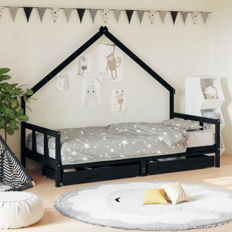 Kids Bed Frame with Drawers Black 90x200 cm Solid Wood Pine vidaXL