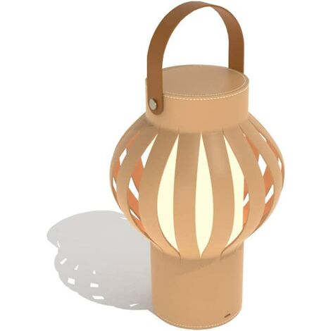 Kids Bedside Lamp Night Lights with Carry Handle, Chinese Style Lantern, USB Powered Nursing Lamp, Leather + PVC Desk Decoration, Beige