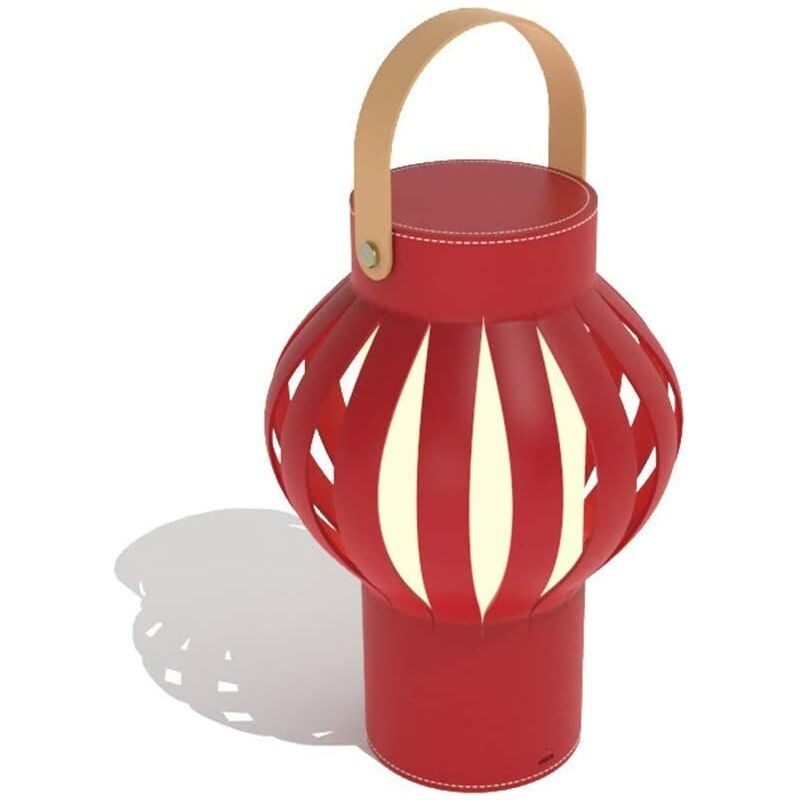 Kids Bedside Lamp Night Lights with Carry Handle, Chinese Style Lantern, USB Powered Nursing Lamp, Leather + PVC Desk Decoration, Red