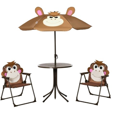 Kids Bistro Table and Chair Set, Outdoor Folding Garden Furniture w/Monkey Design, Removable, Adjustable Sun Umbrella, Ages 3-6 Years - Brown