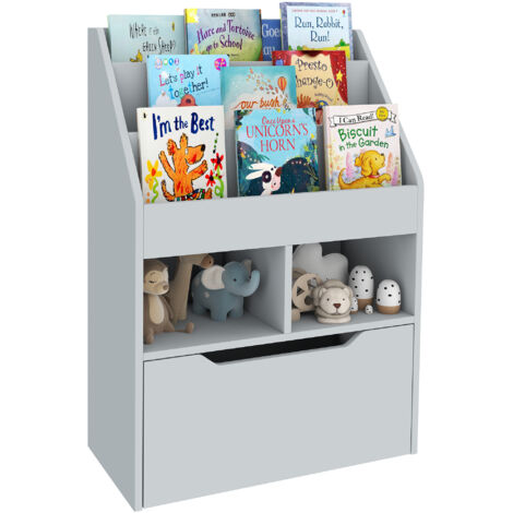 Kids Bookshelf, Toy Organiser, with Storage Drawer, Wheels - Grey