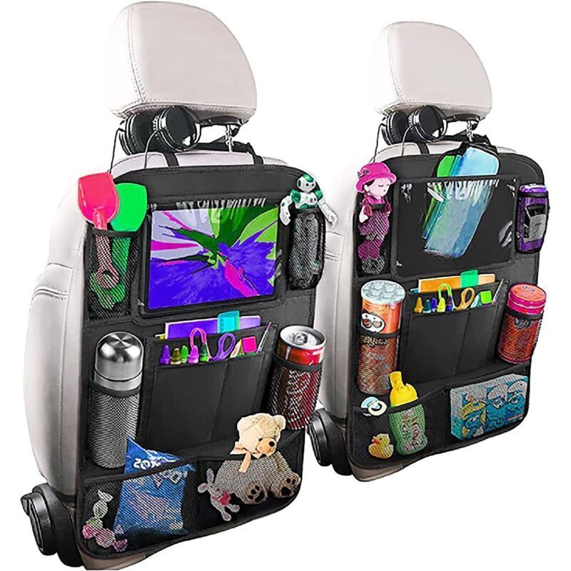 Kids Car Organizer, 2-Piece Car Storage Set, Interior Car Accessory, Transparent Tablet Holder with 10 Pockets, Black