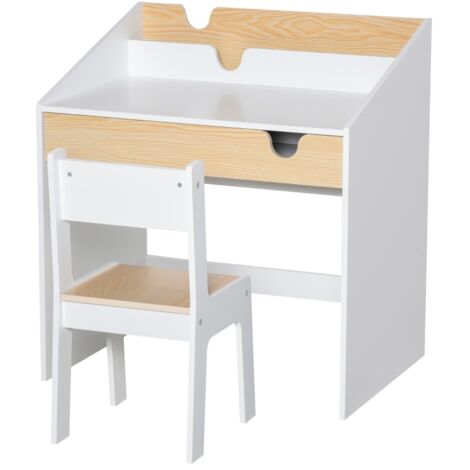 Kids Desk and Chair Set 2 Pieces Children Study Table with Storage Pull-Out Drawer Bookshelf for 3-6 Years Writing, Reading, Drawing