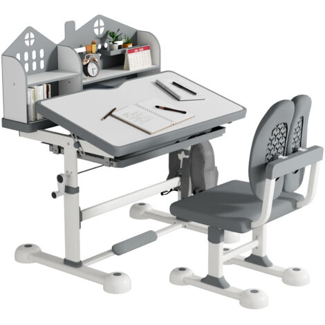 Kids Desk and Chair Set Height Adjustable Kids Study Table and Chairs Student Writing Desk 45° Tiltable Desktop Storage Drawer Shelves Pen Slot Hook for Children Ages 3-12 Years Grey