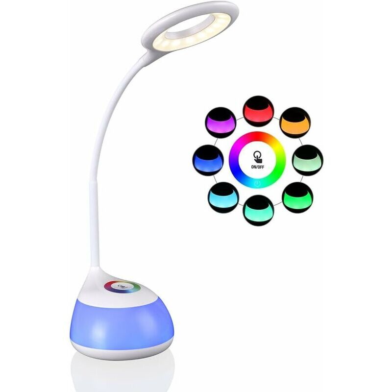 Kids Desk Lamp with Adjustable Colored Light, 3 Brightness Levels (Reading, Study, Relaxation), Flexible Arm, Touch Screen, usb Port, Modern Table