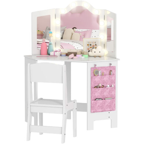 Kids Dressing Table and Stool Set, Girls Vanity Table with 2-Colour LED Lights, Tri-Folding Mirror, White